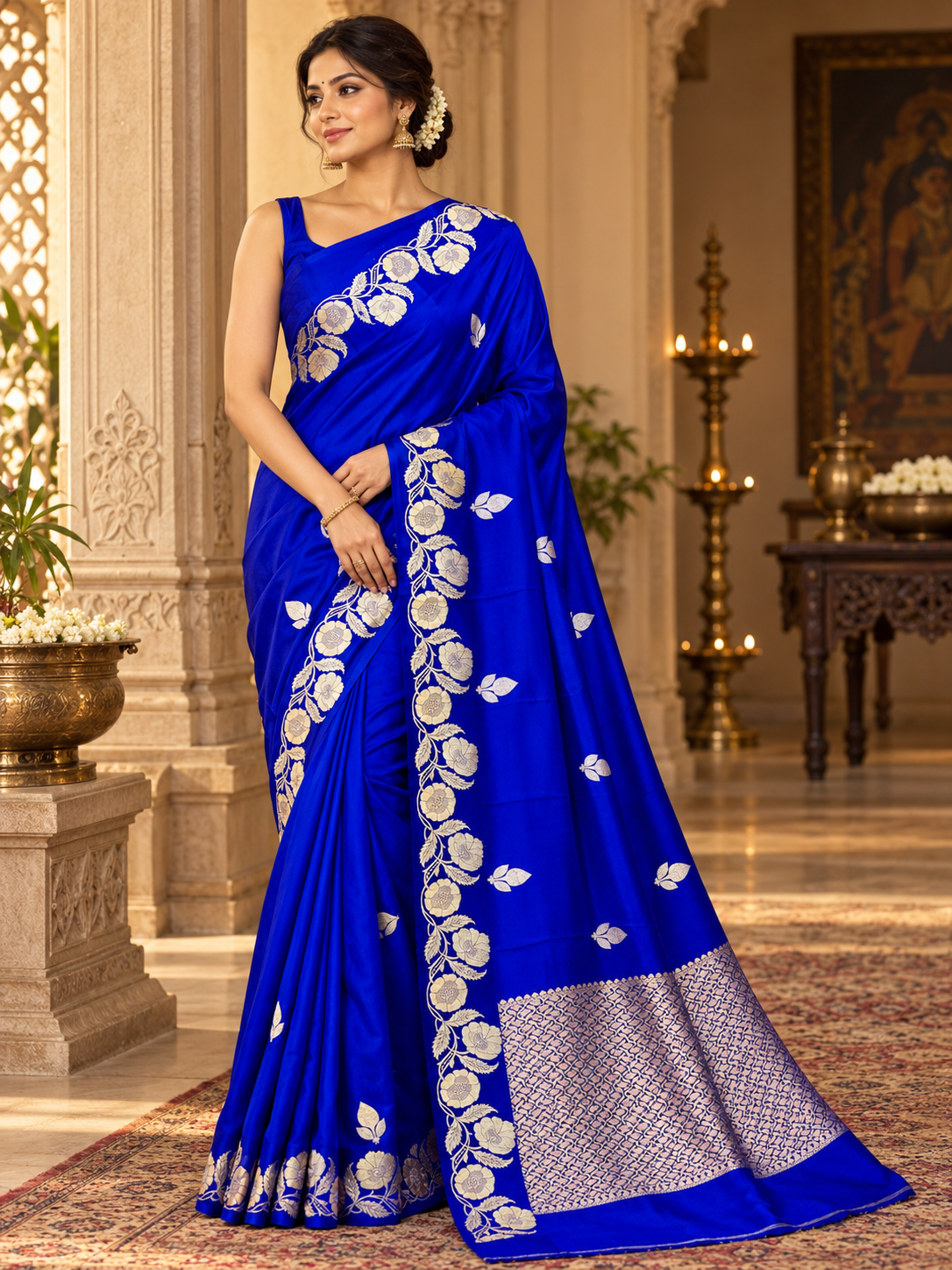 Prussian Blue Silk Saree with Gold Zari Border