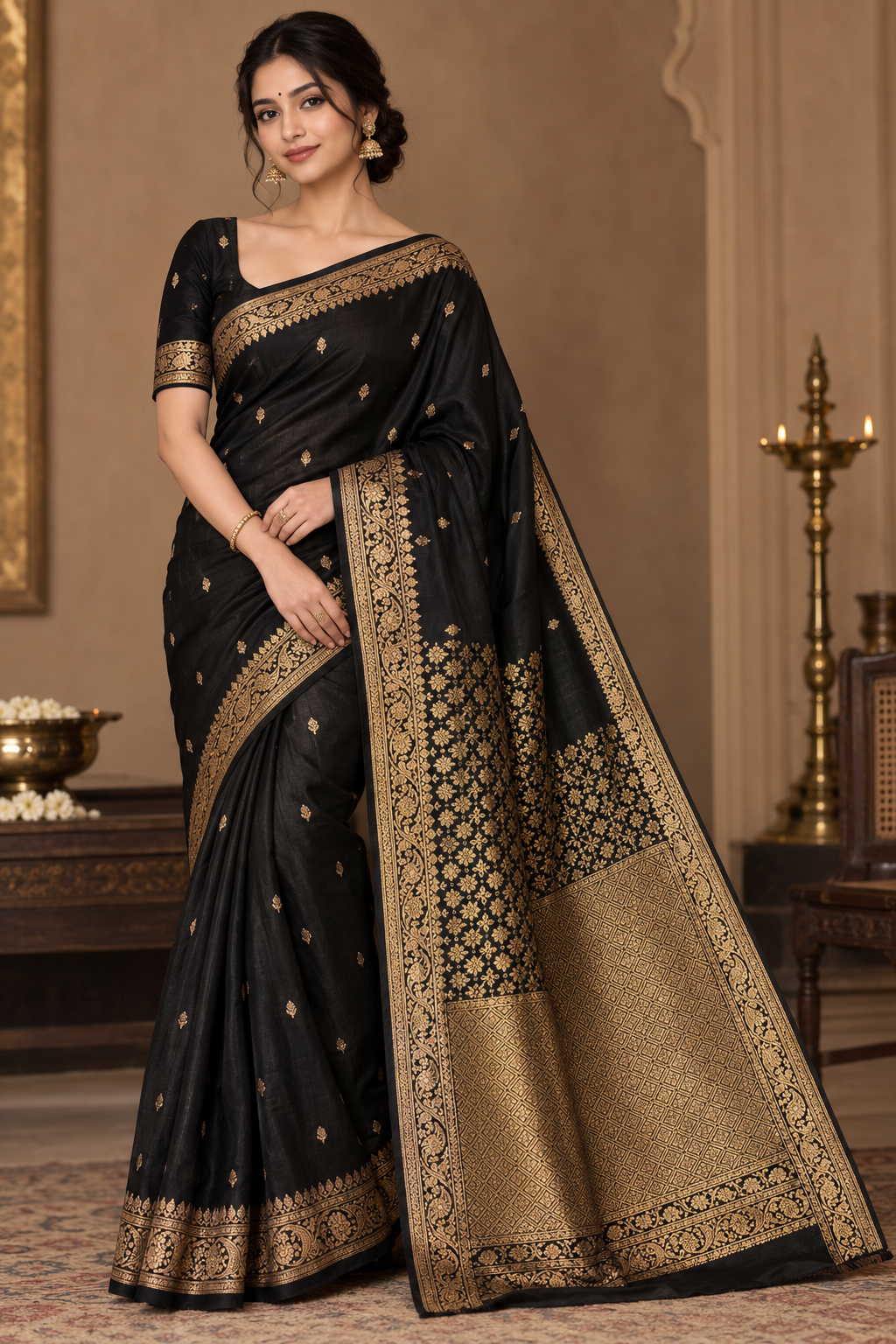 Black Silk Saree with Gold Zari Woven Work
