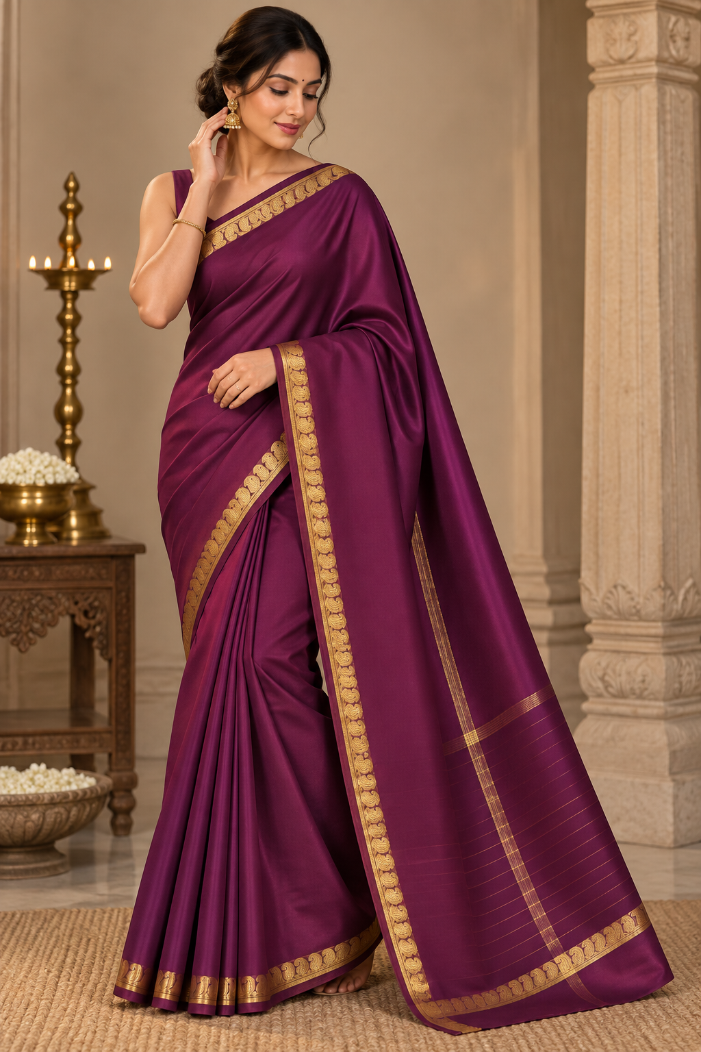 Deep Magenta Wine Soft Silk Saree with Gold Zari Motif Border
