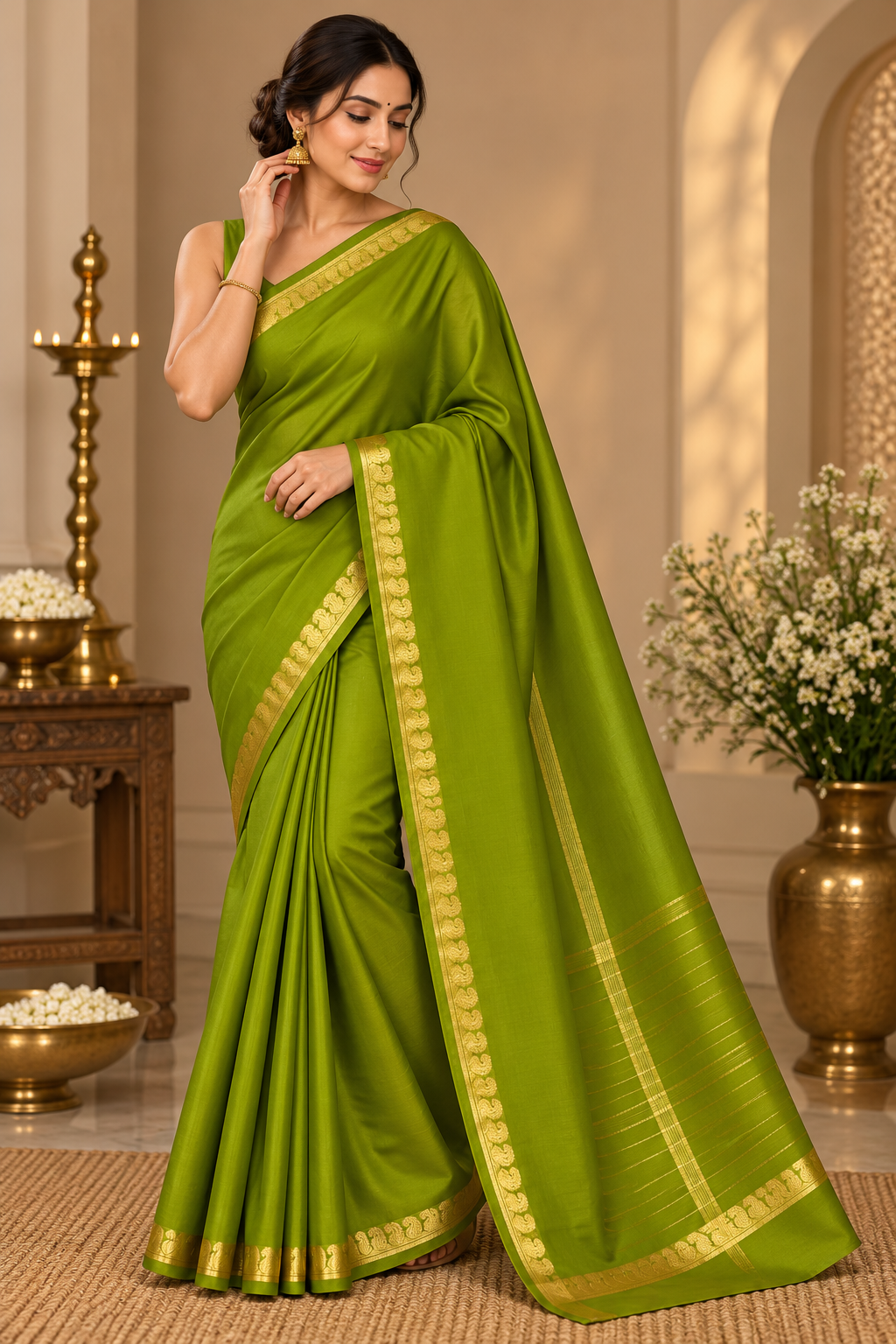 Mehendi Green Soft Silk Saree with Traditional Gold Zari Motif Border