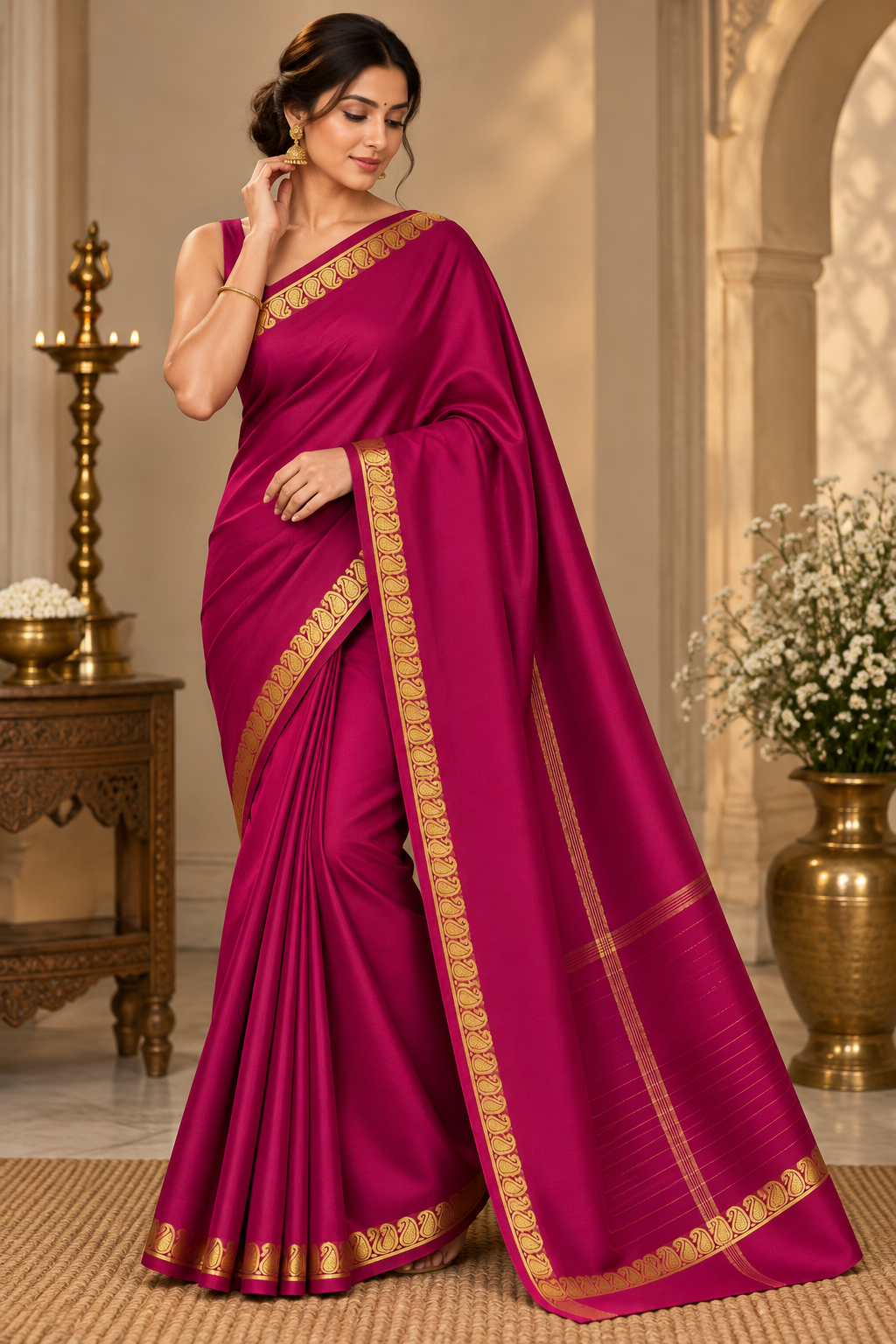 Rani Pink Soft Silk Saree with Traditional Gold Zari Paisley Border