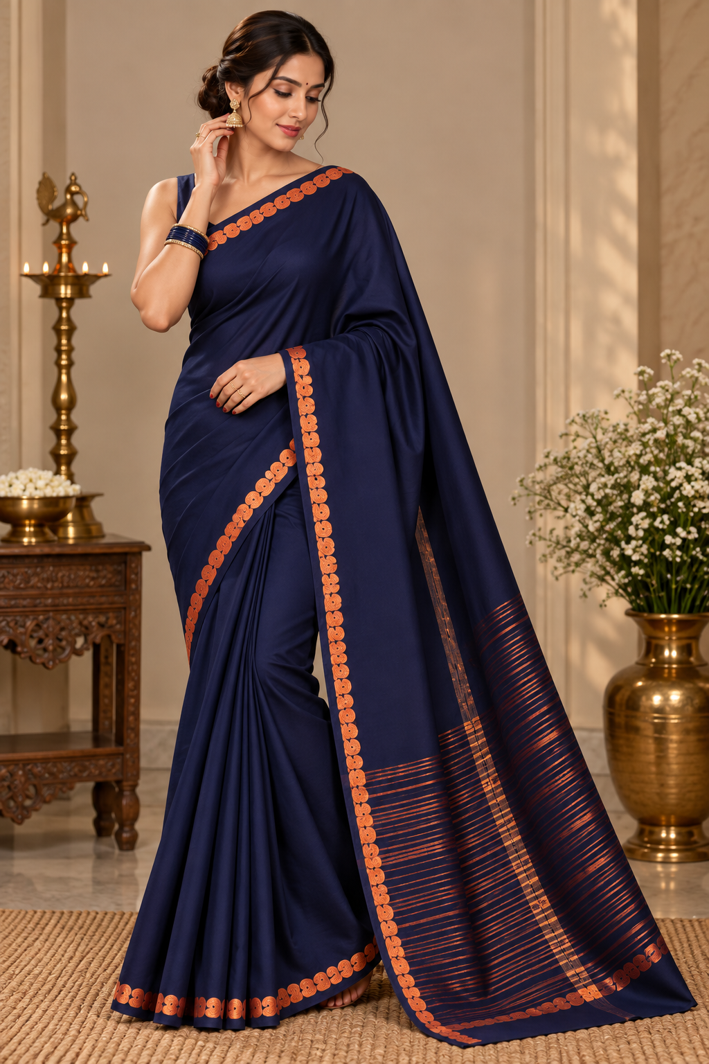 Midnight Navy Blue Soft Silk Saree with Gold Zari Paisley Border