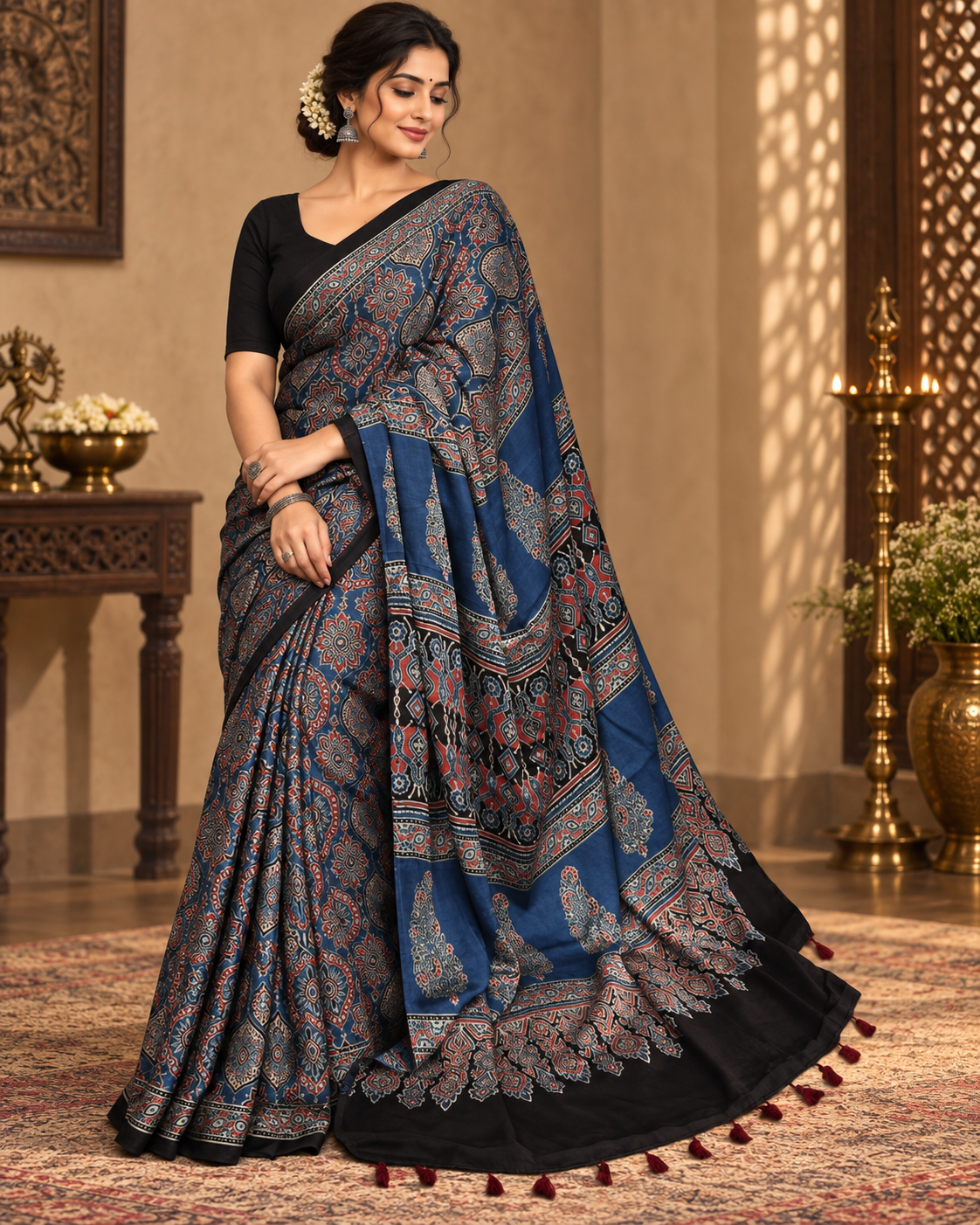 Blue Ajrakh Printed Silk Saree