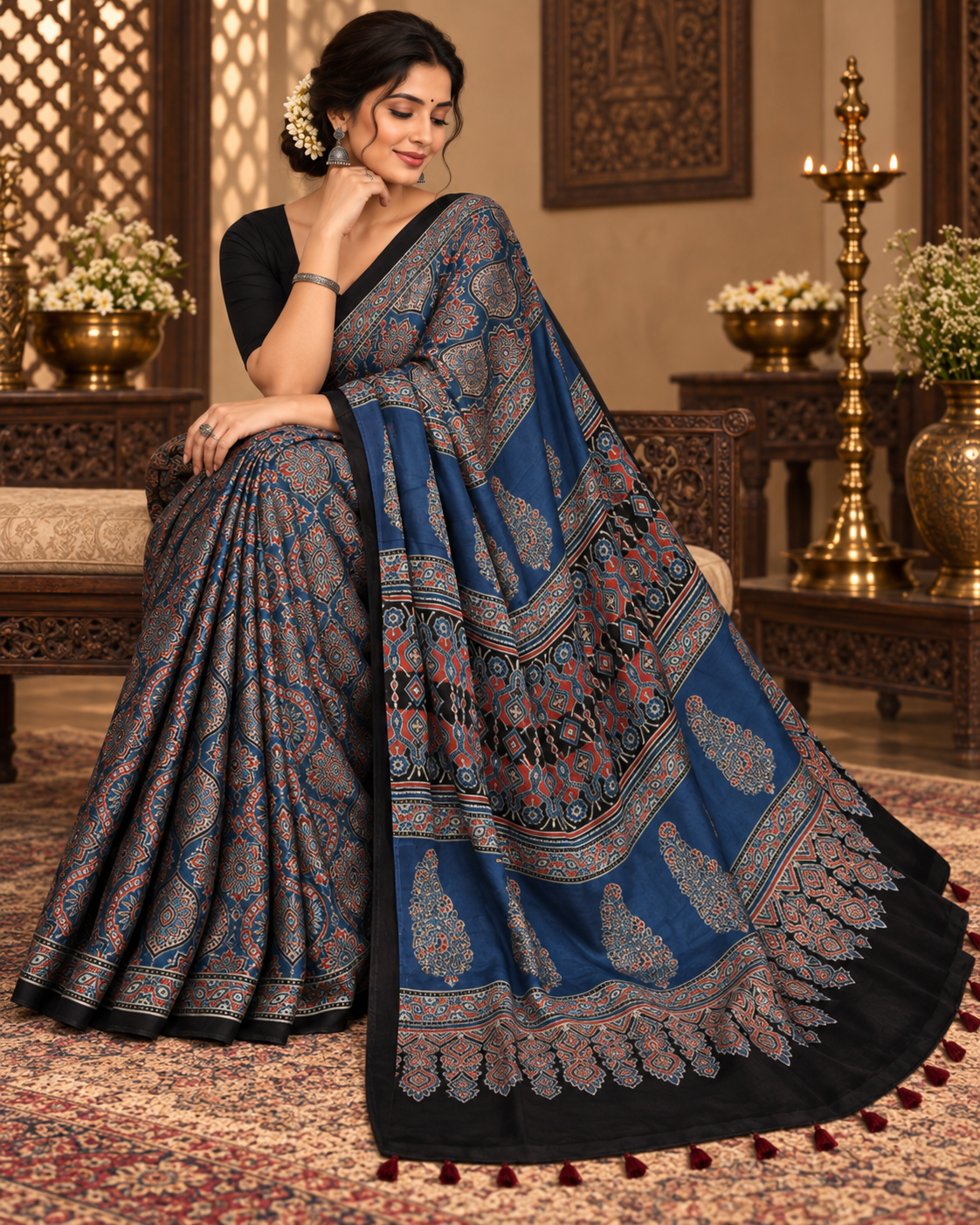 Blue Ajrakh Printed Silk Saree