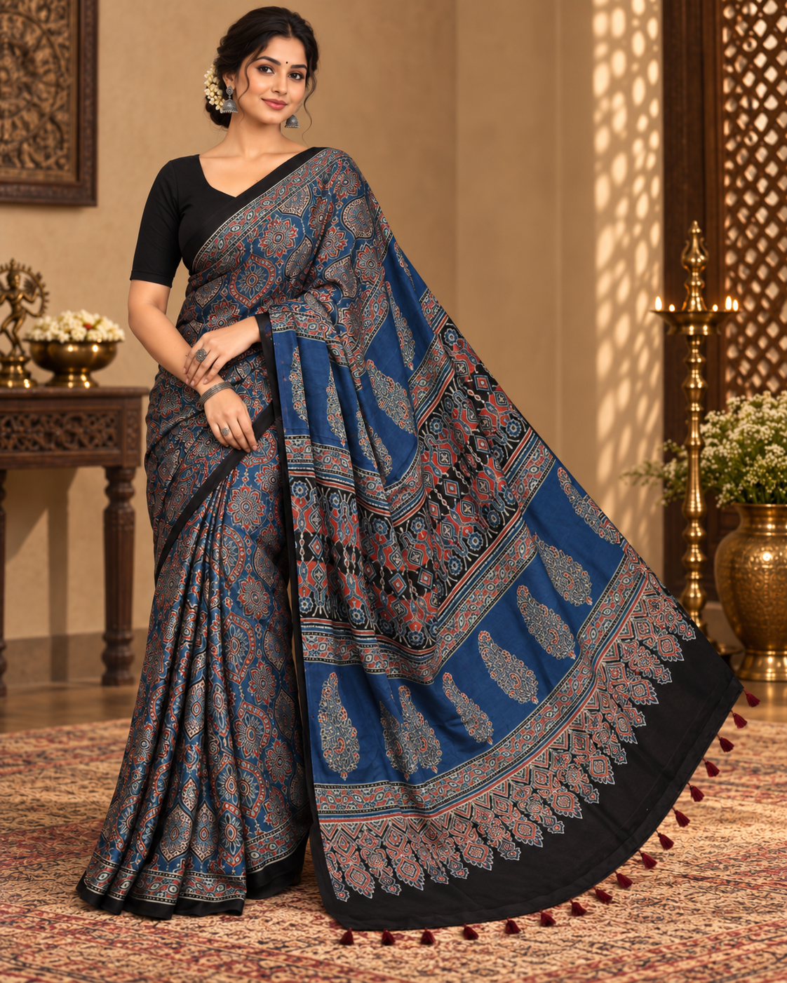 Blue Ajrakh Printed Silk Saree