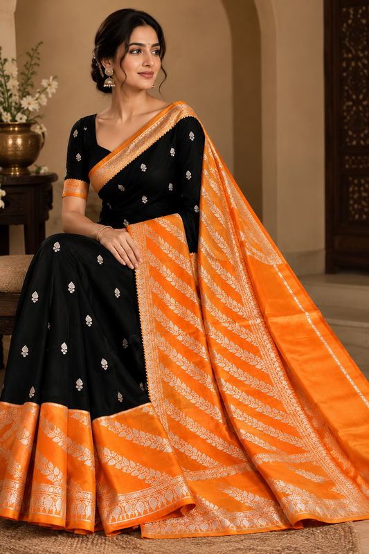 Black and Orange Jacquard Saree