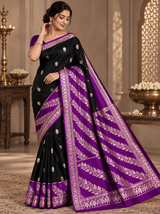 Black and Purple Jacquard Saree