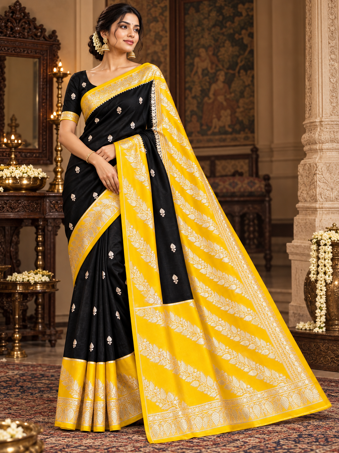 Black and Yellow Jacquard Saree