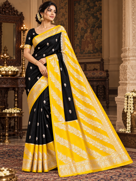 Black and Yellow Jacquard Saree