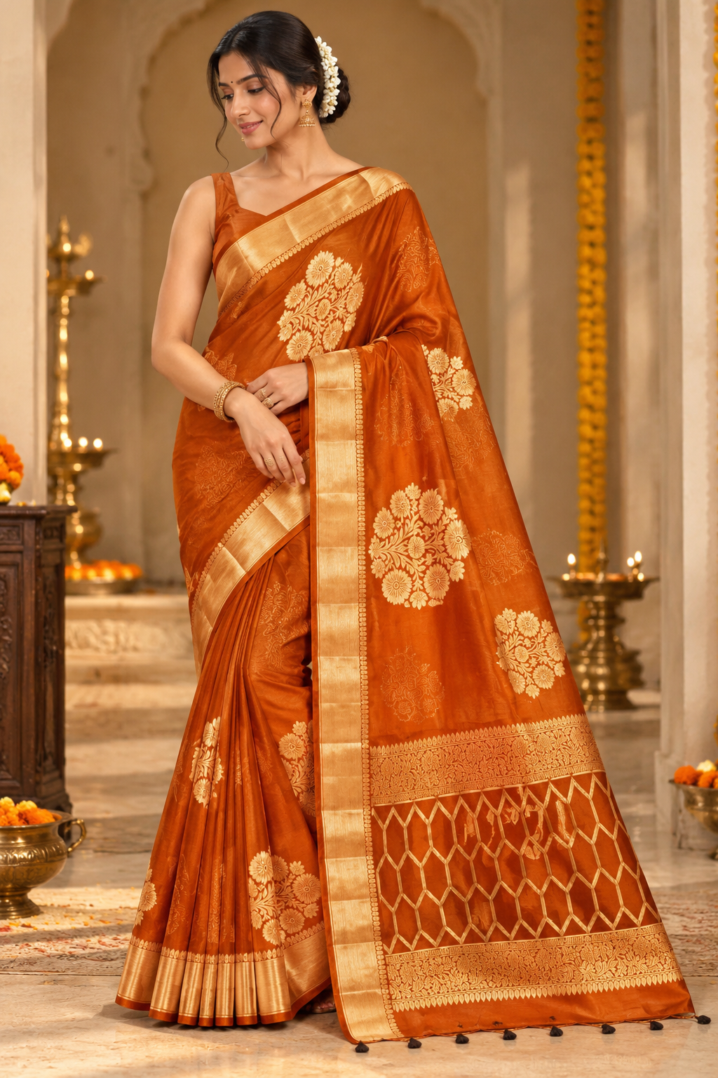 Orange Gold Zari Silk Saree