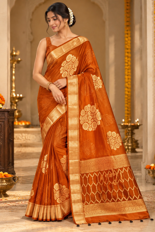 Orange Gold Zari Silk Saree