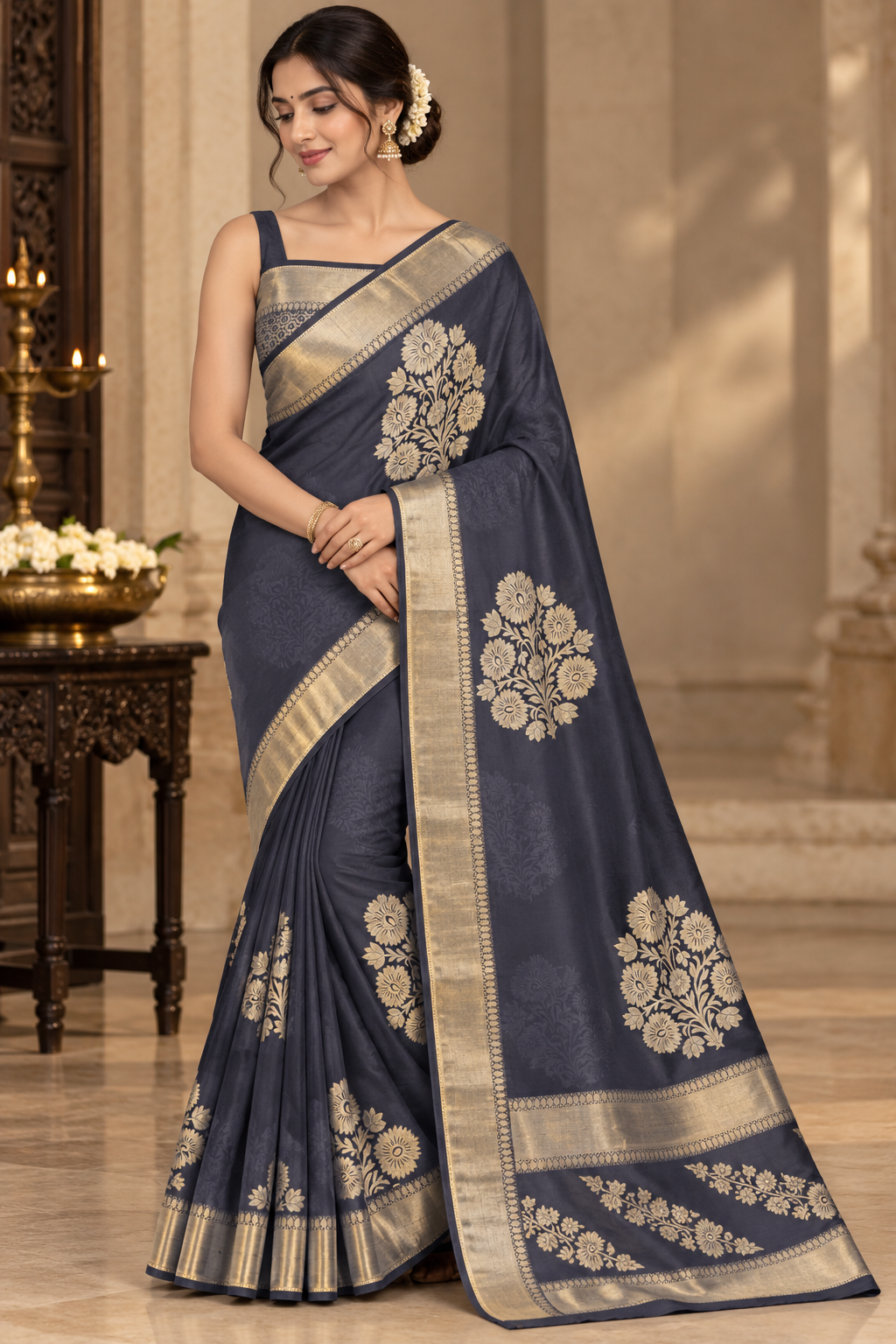 Dark Grey Gold Zari Silk Saree