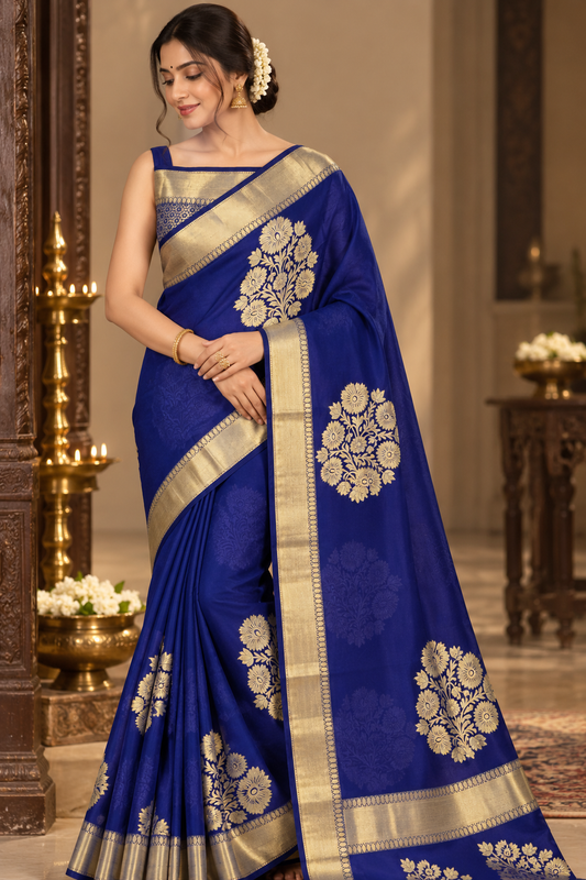 Prussian Blue Gold Zari Silk Saree