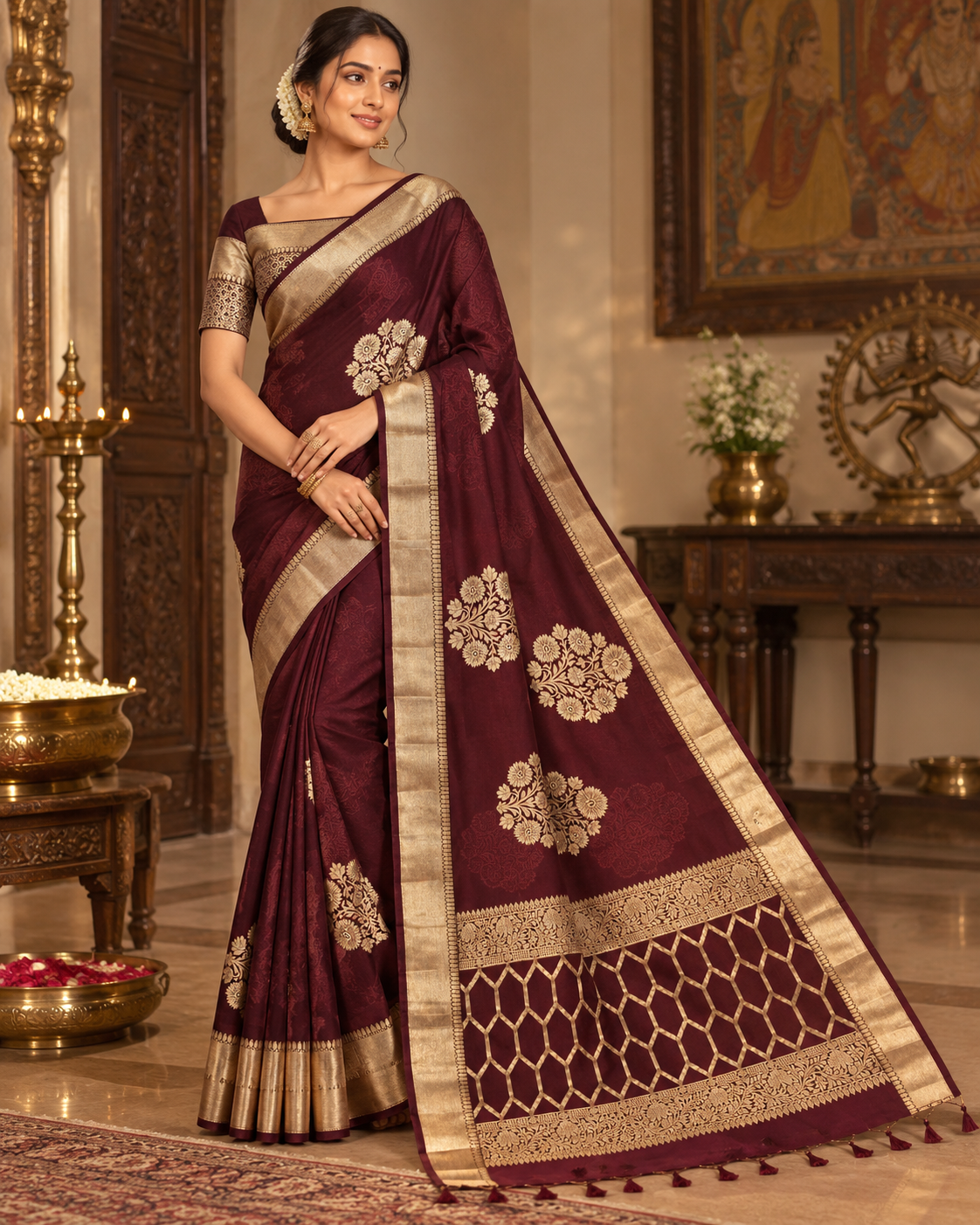 Wine Gold Zari Silk Saree