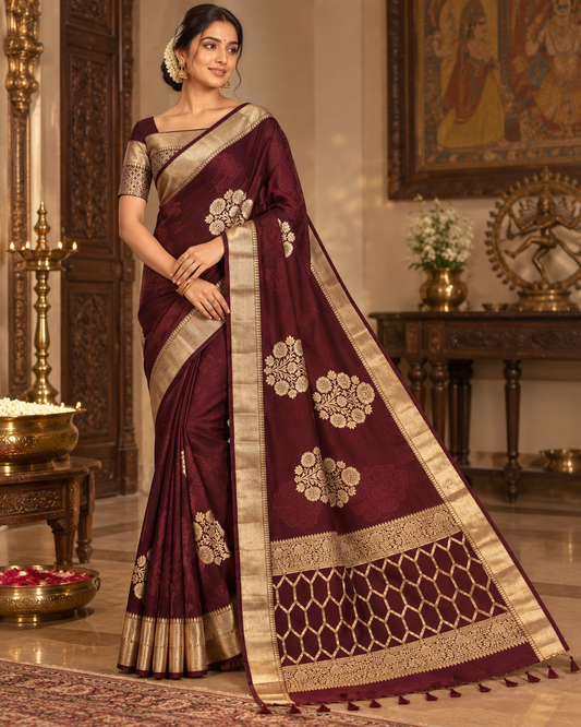 Wine Gold Zari Silk Saree