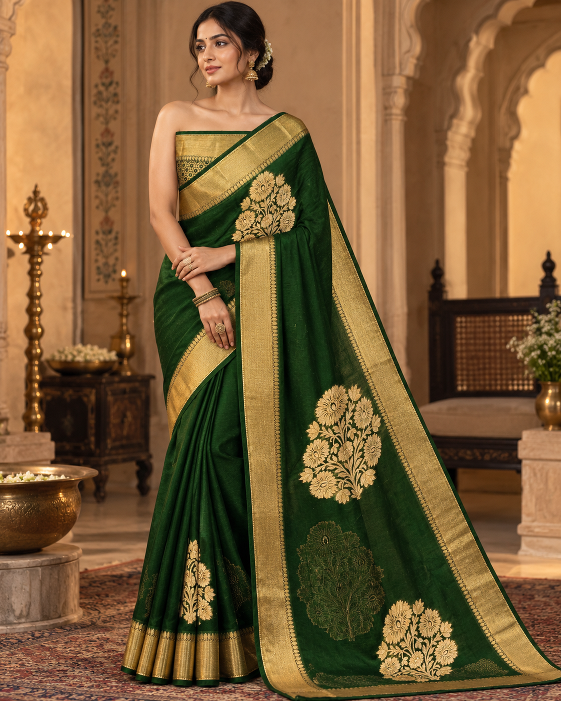 Emerald Green Gold Zari Silk Saree