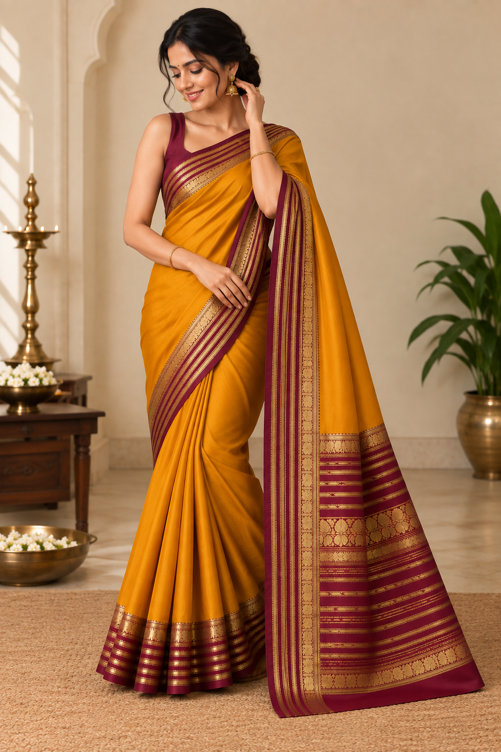 Mustard Yellow Saree with Maroon Zari Border