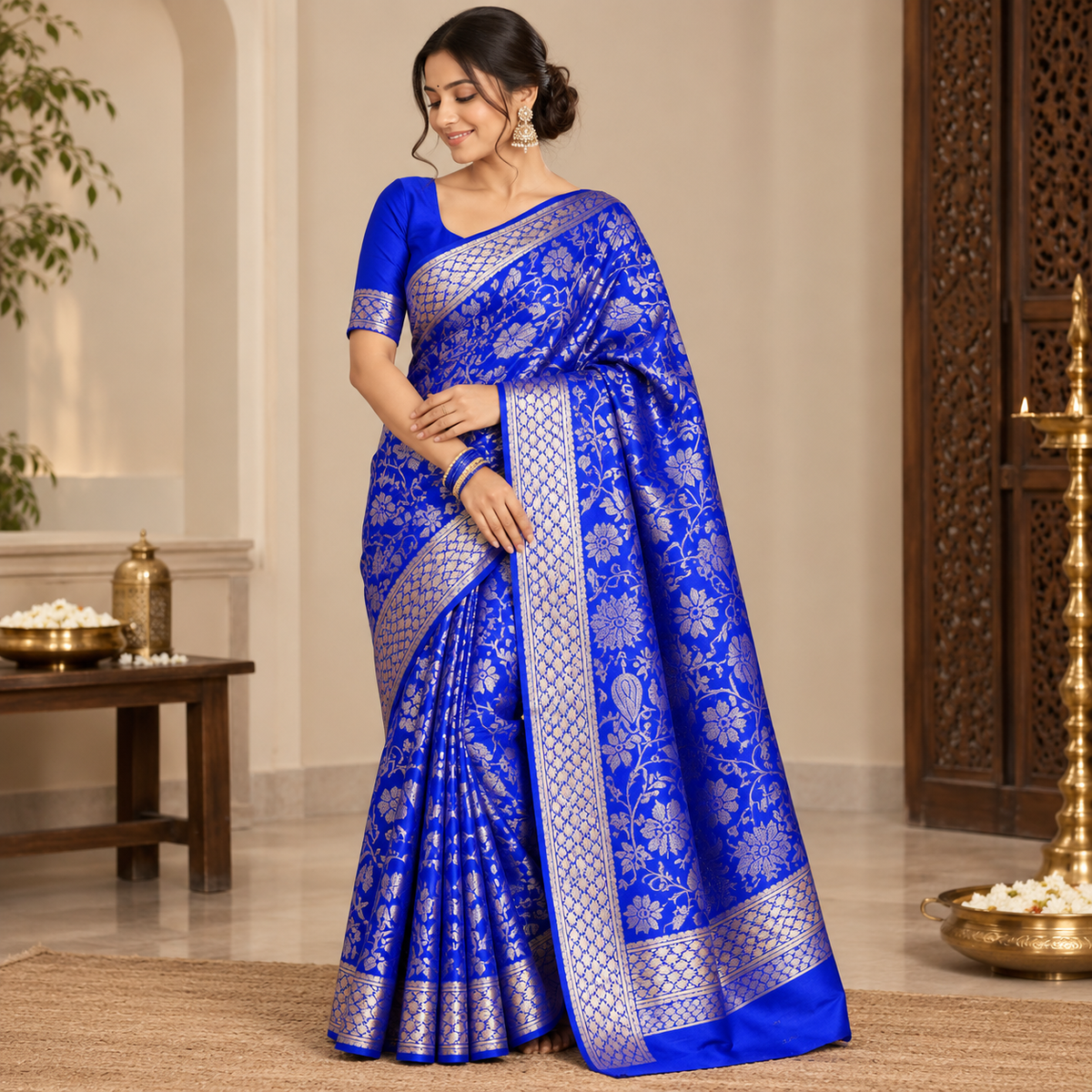 Royal Blue Gold Floral Woven Saree
