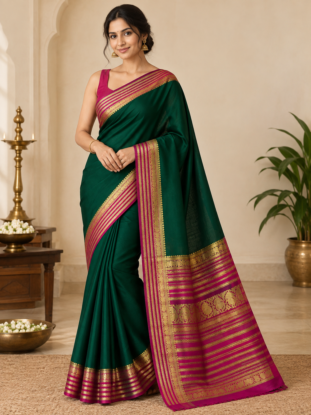 Emerald Green Saree with Magenta Zari Border
