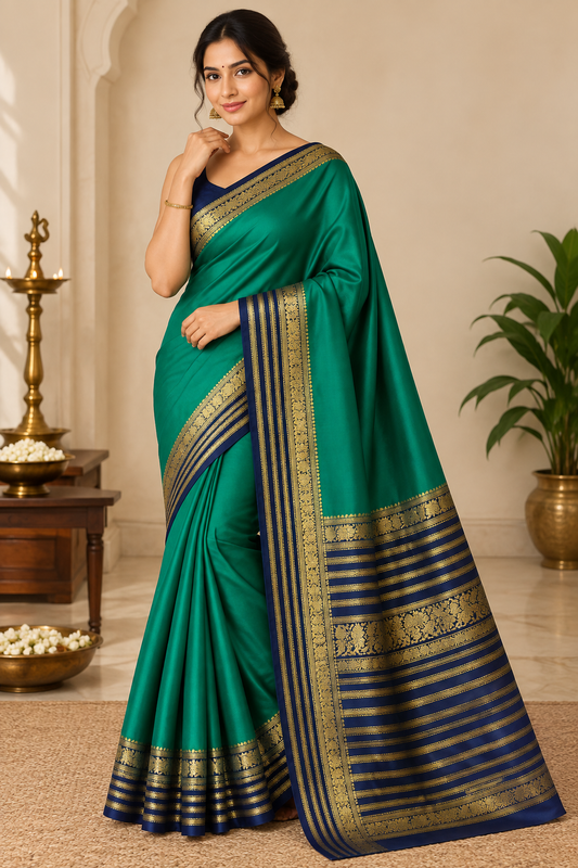 Emerald Green Saree with Nevy Blue Zari Border