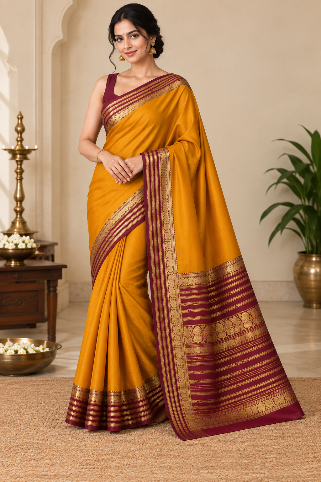 Mustard Yellow Saree with Maroon Zari Border