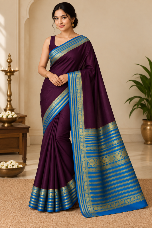 Deep Purple Saree with Royal Blue Zari Border