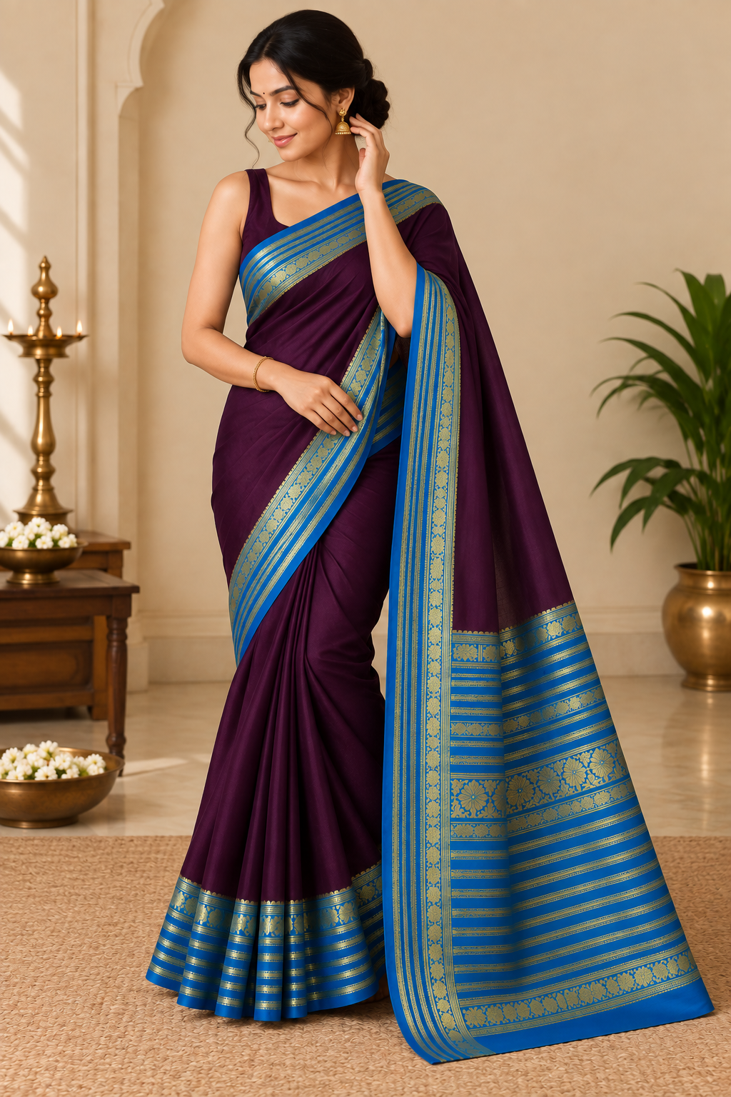 Deep Purple Saree with Royal Blue Zari Border