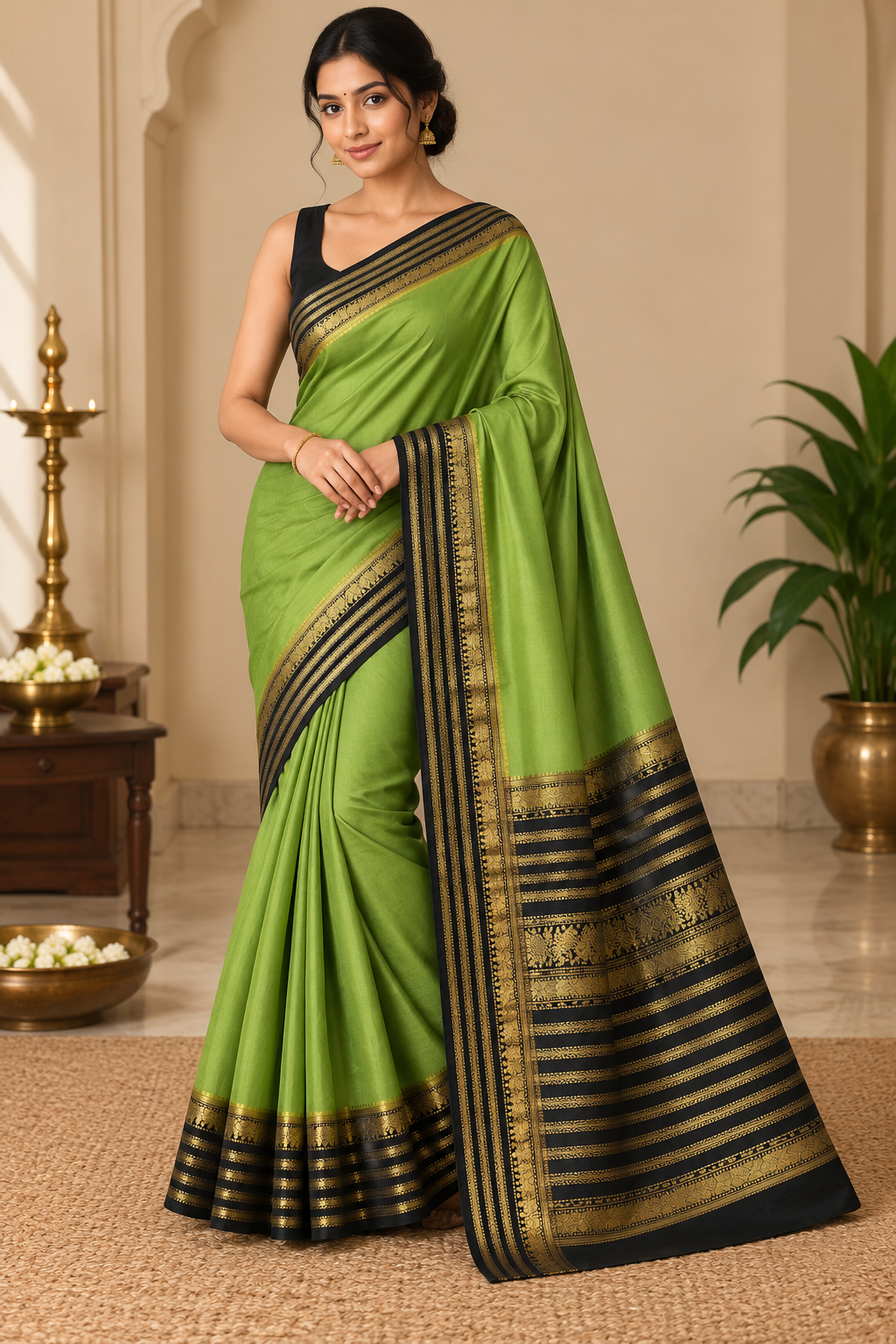 Parrot Green Saree with Black Zari Border