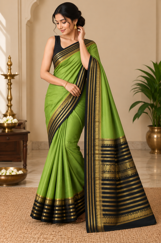 Parrot Green Saree with Black Zari Border