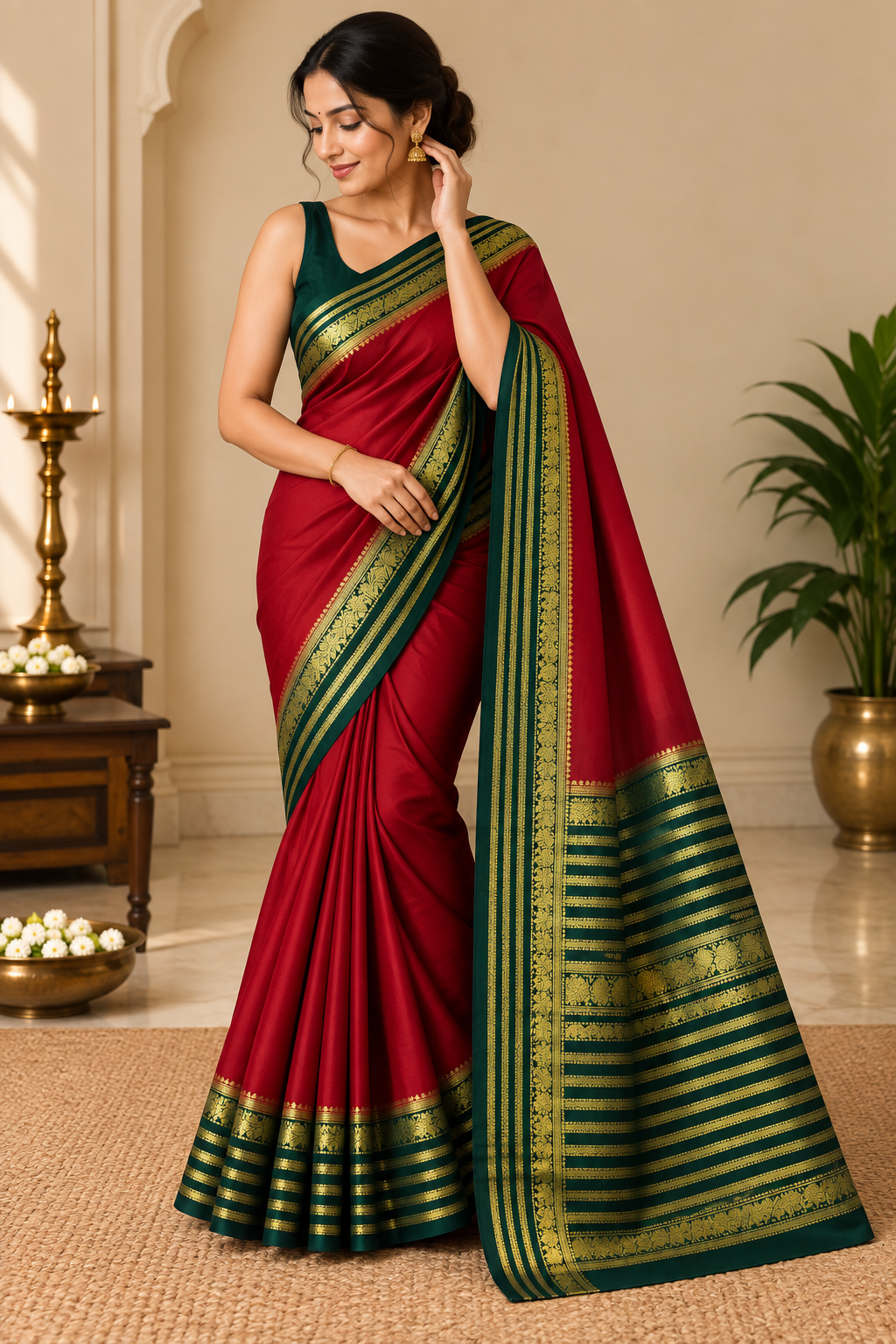 Classic Red Saree with Green Zari Border