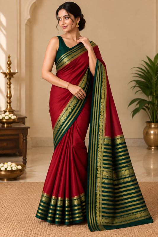 Classic Red Saree with Green Zari Border