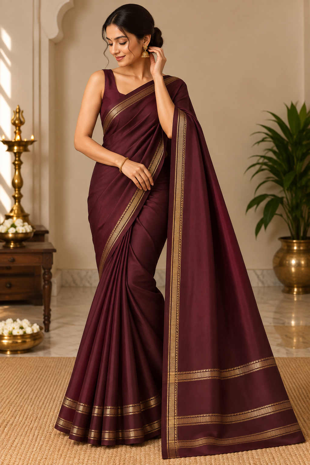 Deep Wine Saree with Delicate Golden Border