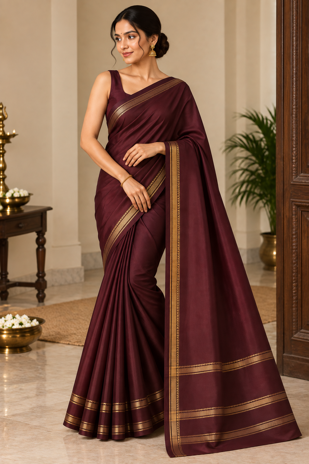 Deep Wine Saree with Delicate Golden Border
