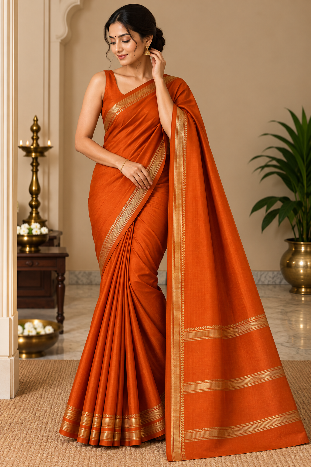 Burnt Orange Saree with Golden Border
