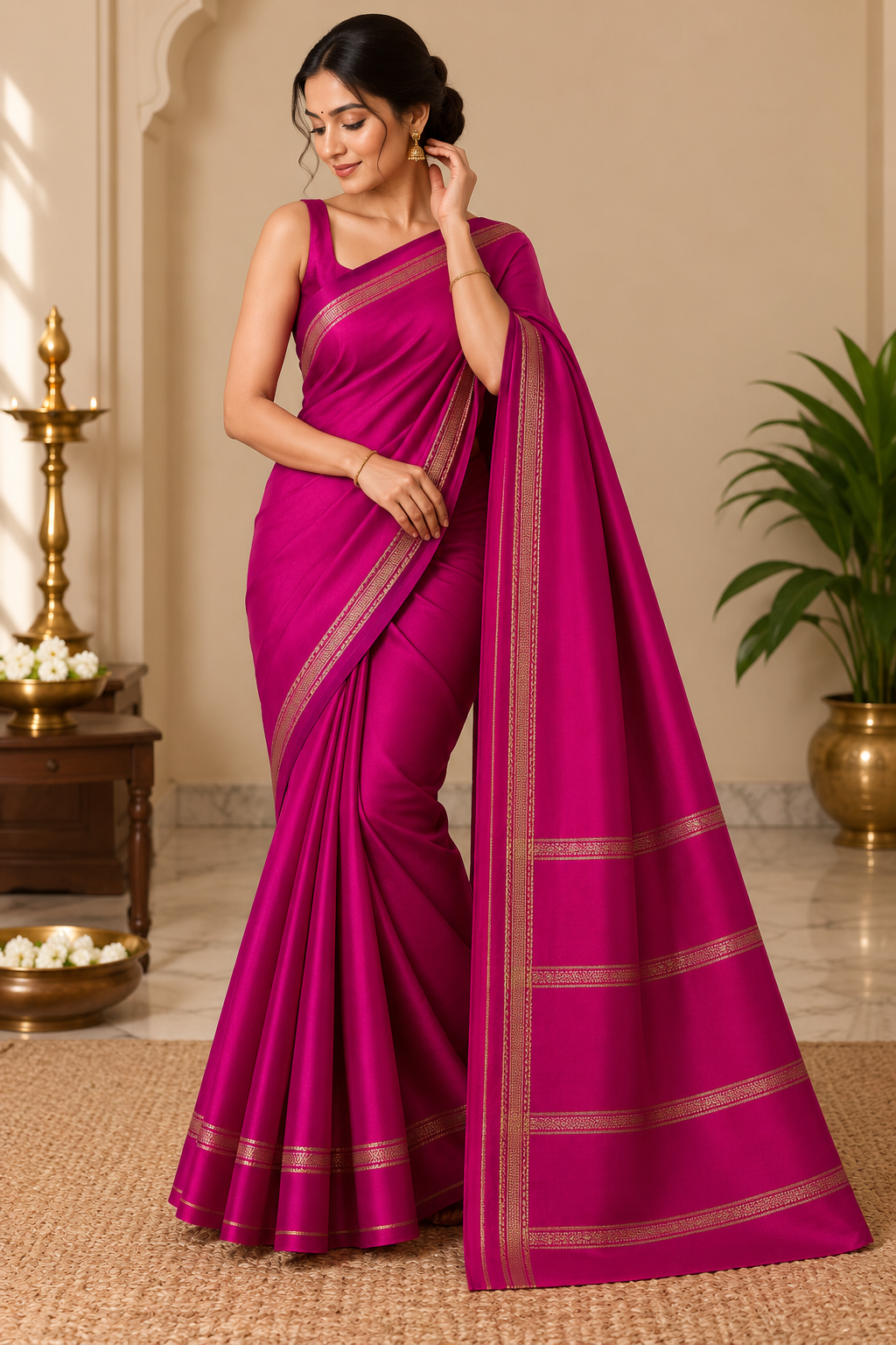 Rani Pink Saree with Delicate Golden Border