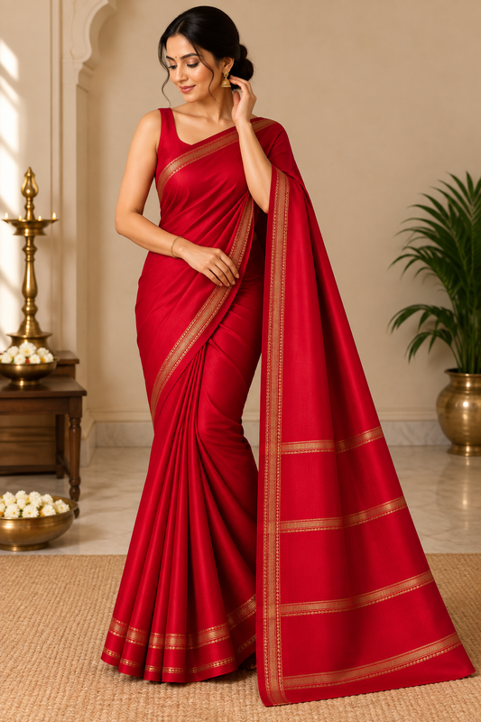 Classic Red Saree with Delicate Golden Border