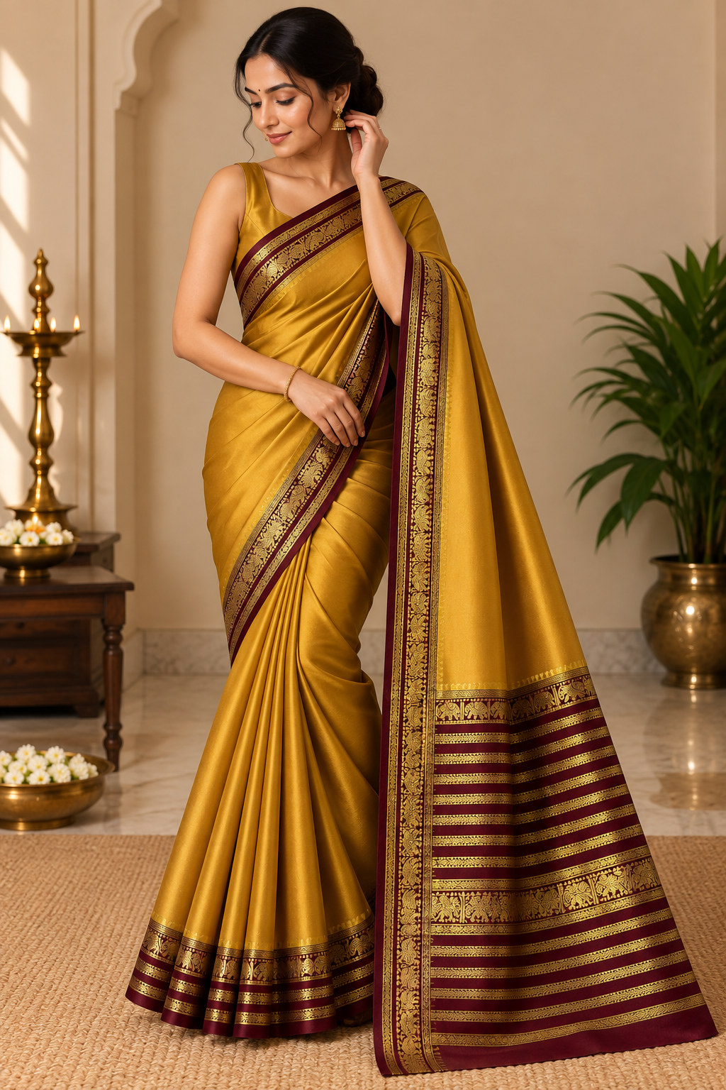Mustard Gold Saree with Maroon Zari Border