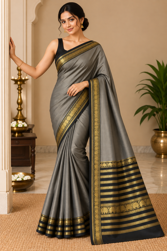 Steel Grey Saree with Black Zari Border