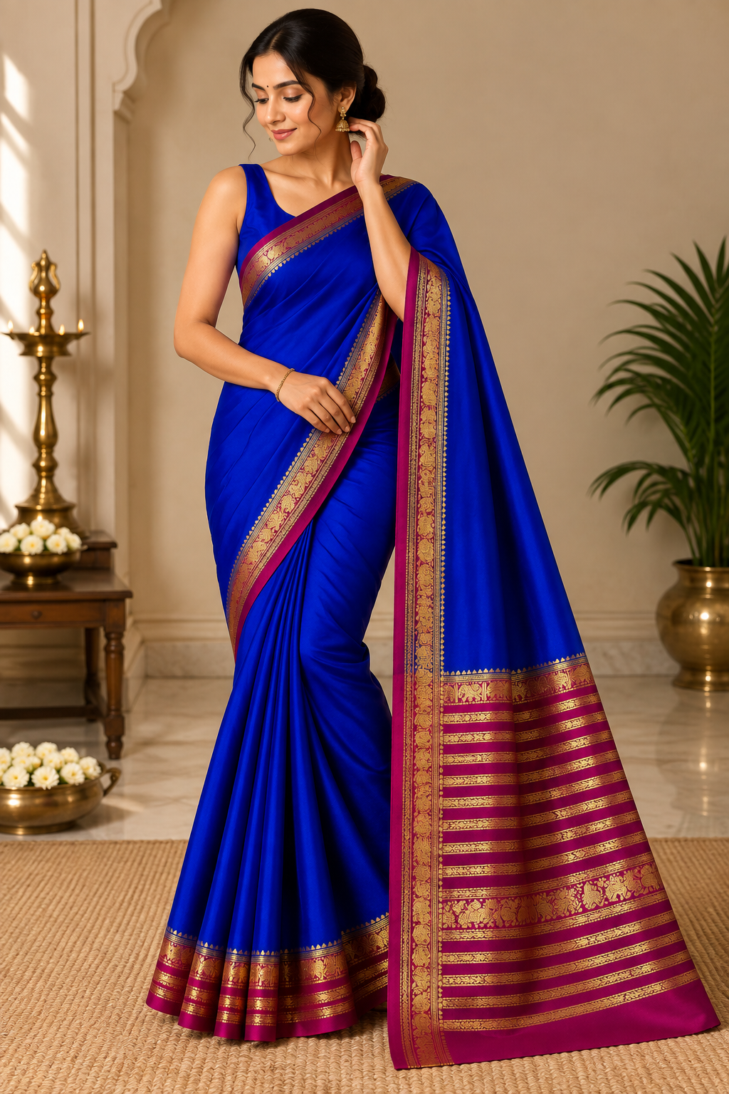 Royal Blue Saree with Magenta Zari Border