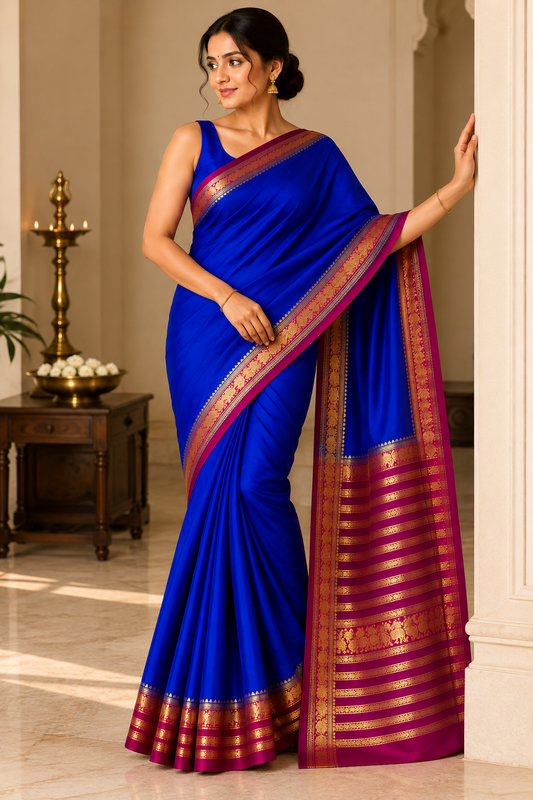 Royal Blue Saree with Magenta Zari Border