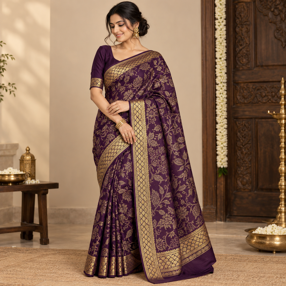 Royal Purple Gold Woven Floral Saree