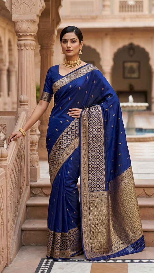 Blue Silk Saree with Gold Zari Woven Work