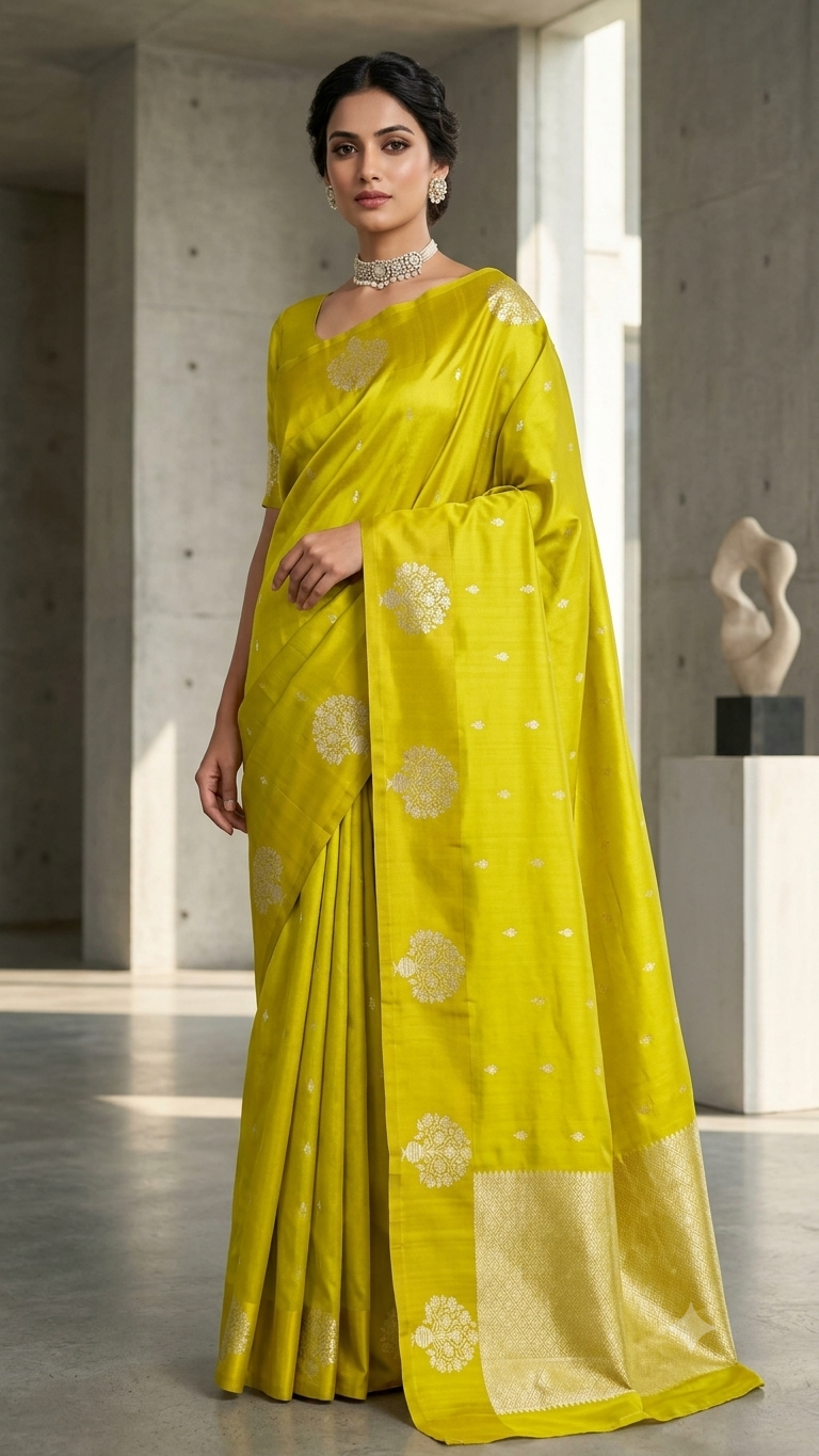 Lime Green Silk Saree with Gold Zari Border