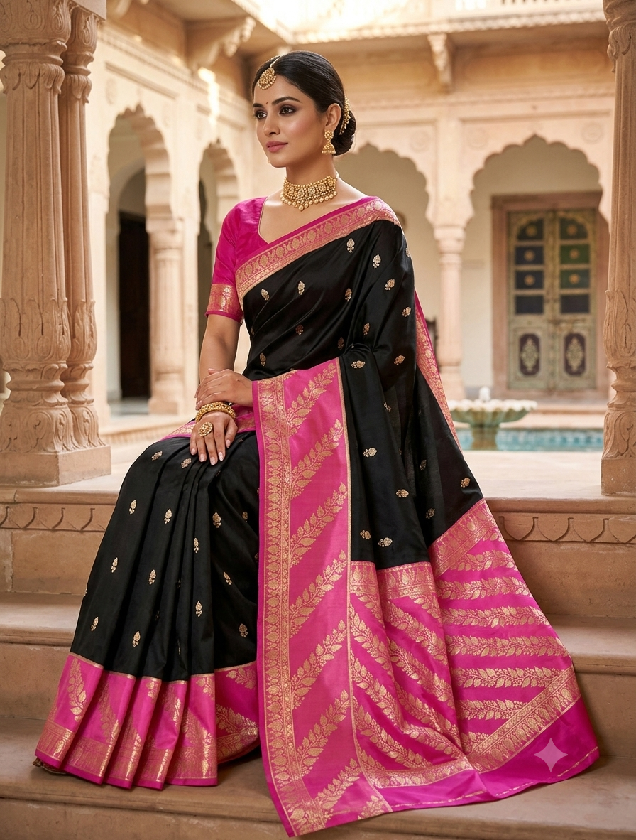 Black and Pink Jacquard Saree