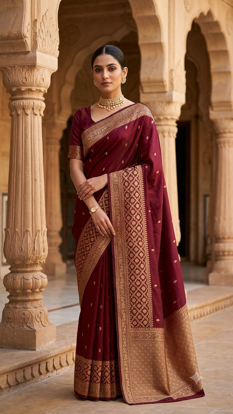 Maroon Silk Saree with Gold Zari Woven Work