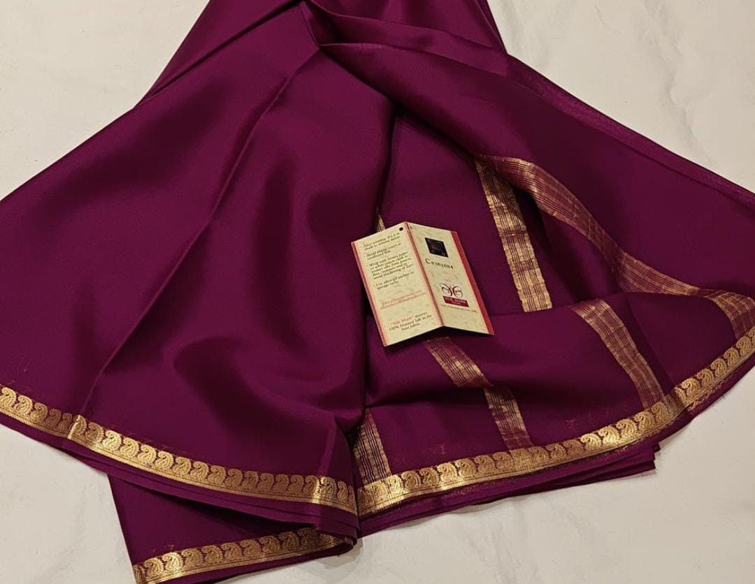 Deep Magenta Wine Soft Silk Saree with Gold Zari Motif Border