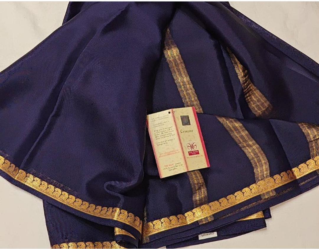 Midnight Navy Blue Soft Silk Saree with Gold Zari Paisley Border