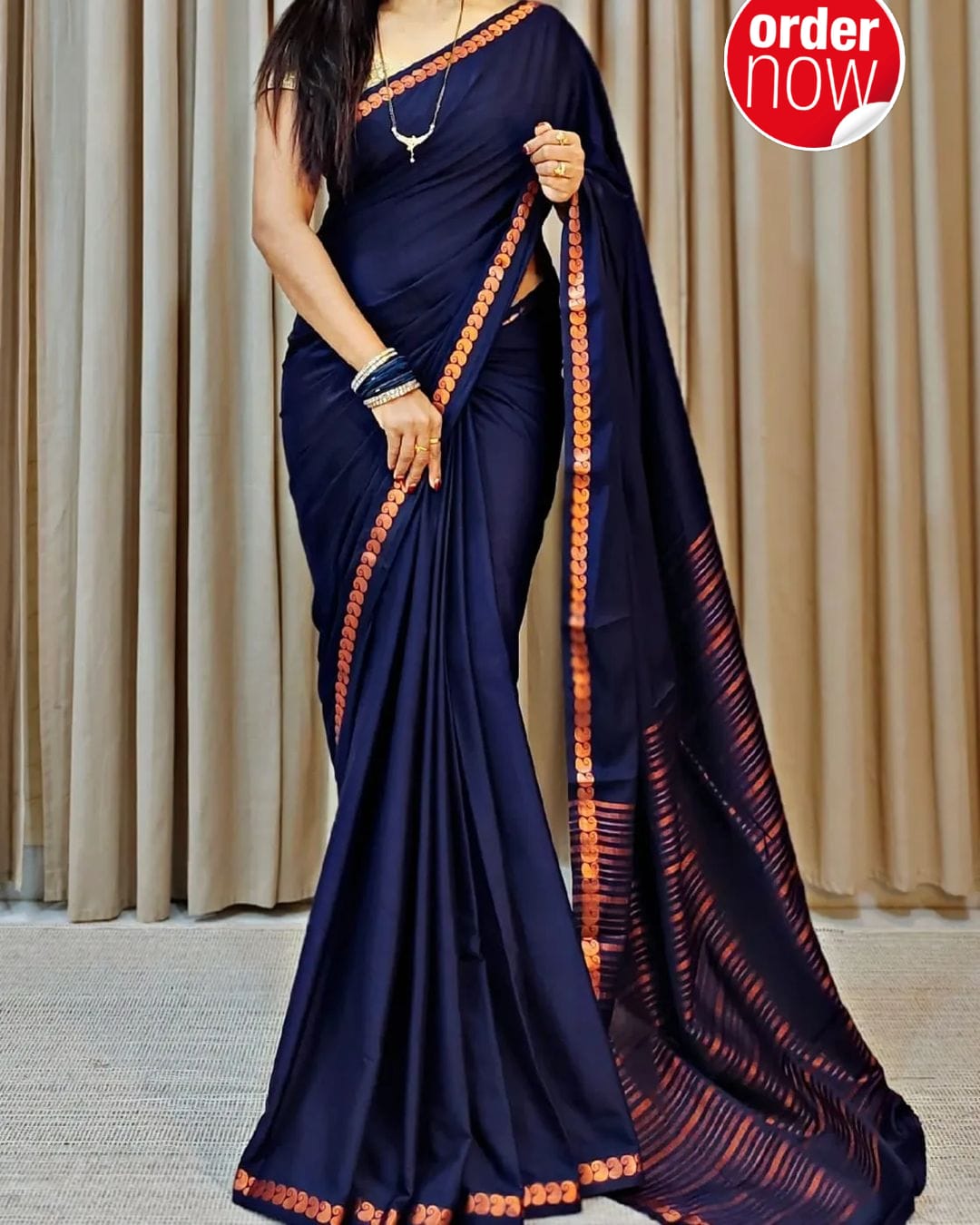 Midnight Navy Blue Soft Silk Saree with Gold Zari Paisley Border