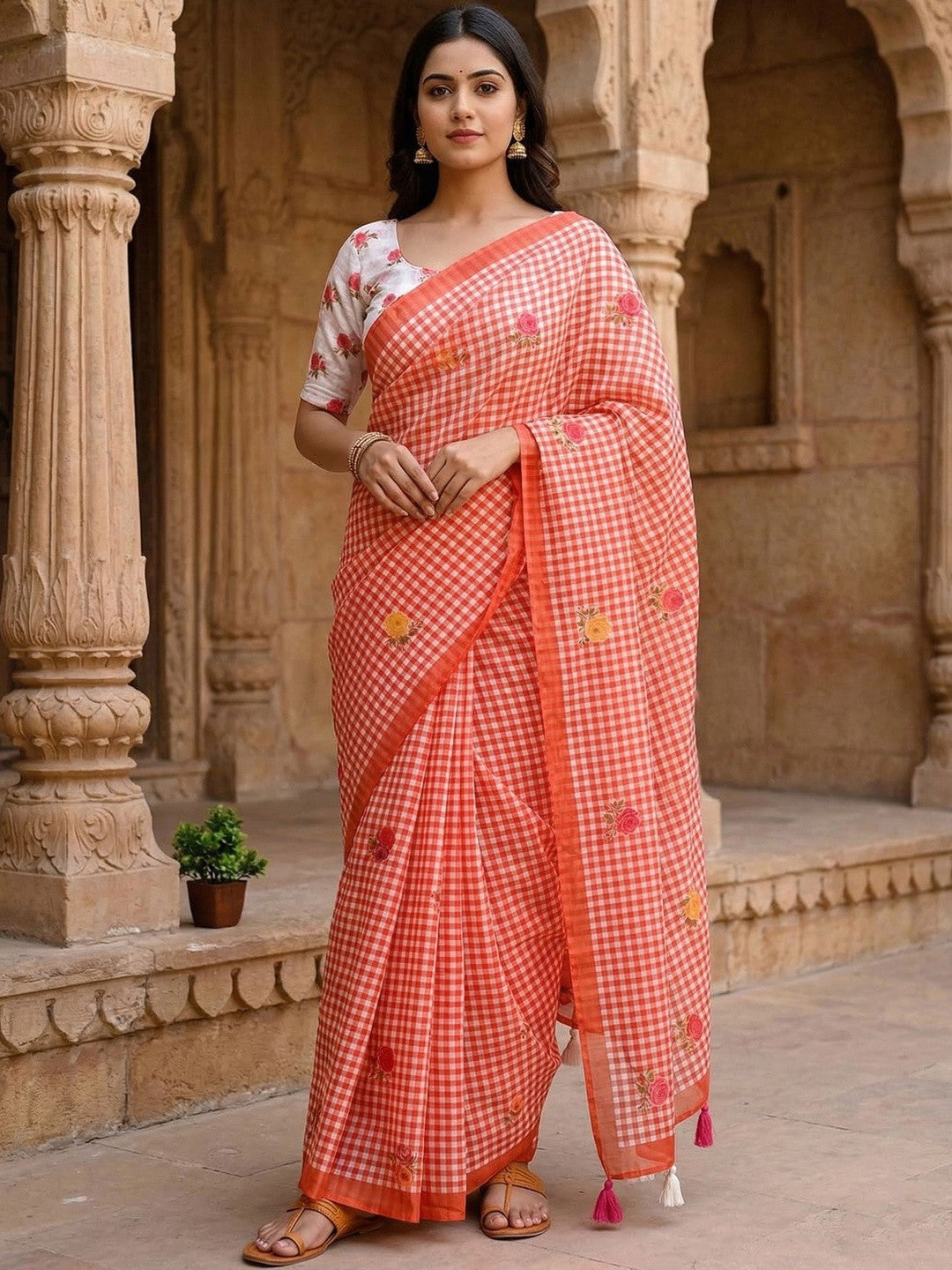 Coral Orange Checkered Saree with Floral Embroidery