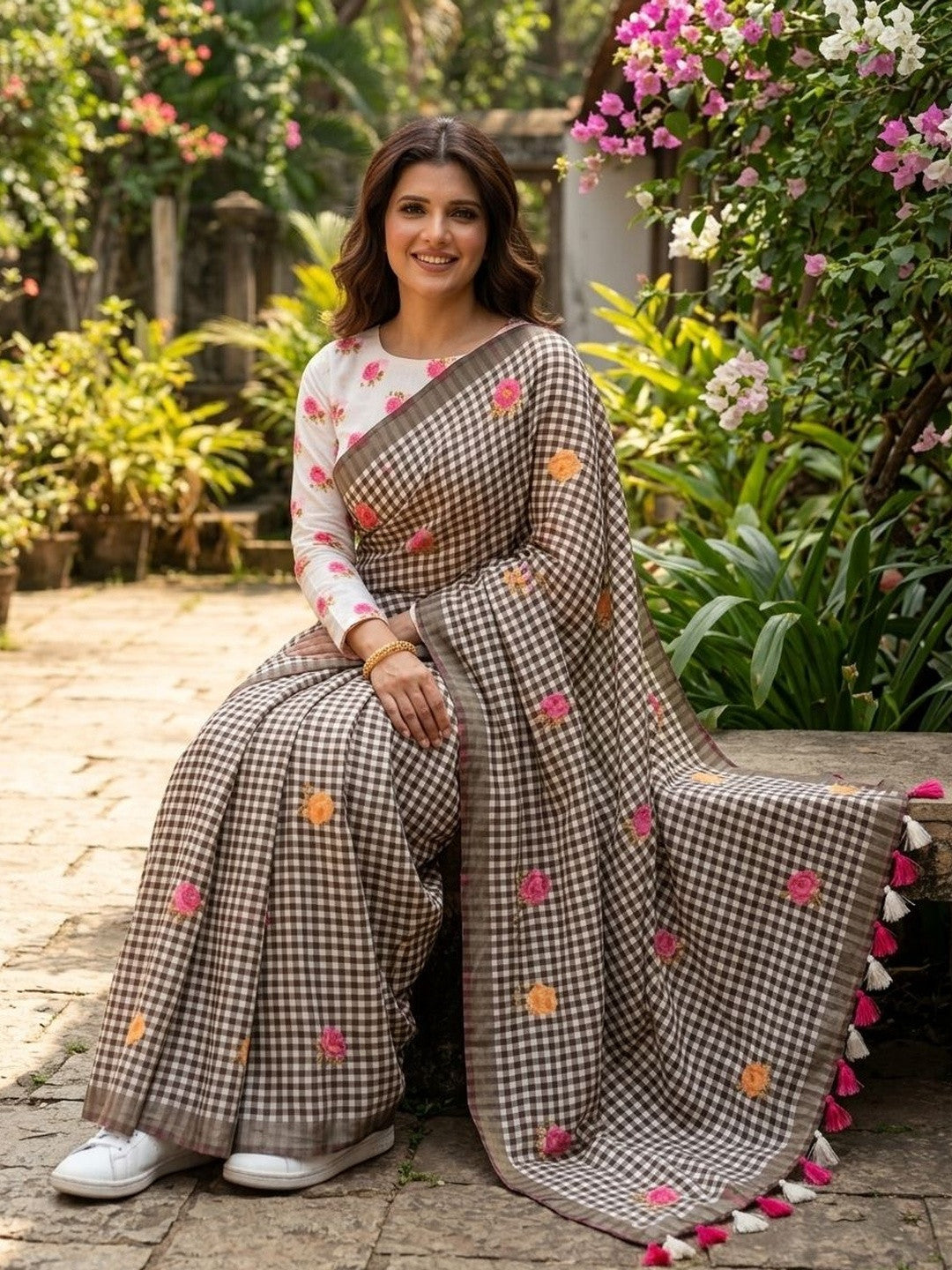Black Checkered Saree with Floral Embroidery and Blouse
